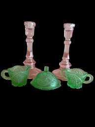 Depression Glass Candlesticks & 3 Pc Tableware