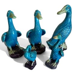 Five Blue Chinese Ducks On Purple Base