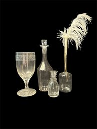 Crystal And Glass Set, (1): Goblet, Decanter, Vase &  Skinny Vase W/Feather