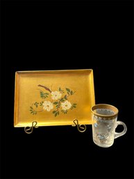 Small Gold Floral Painted Trinket Tray With Vintage Bohemian Glass Mug (L)