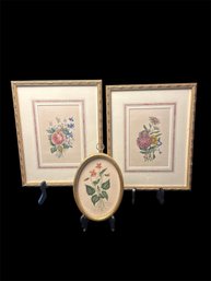 Framed Flower Prints (2), One Original Ink On Fabric, Vintage (L)