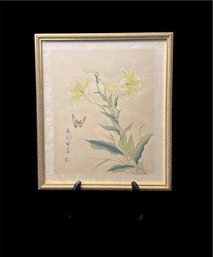 Japanese Floral Framed Watercolors On Silk (L)