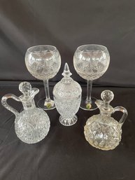 2 Waterford Goblets, 3 Cut Glass Pieces
