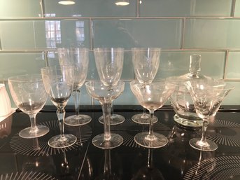Variety Of Etched Glasses And Candy Dish