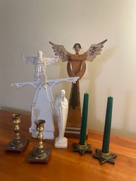 3 Angels, 2 Prs Candlesticks, Religious Figurine