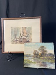 Originals 2 Sailboats Watercolor, Marsh Scene Oil On Canvas