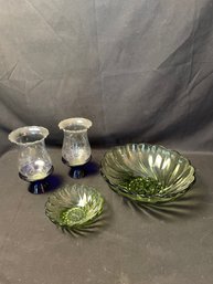 2 Glass Votives, 2 Green Glass Bowls