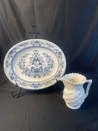 Blue & White Mandarin Plate, Ceramic Pitcher