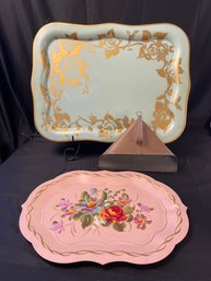 Two Vintage Hand Painted Trays, Copper Dust Pan