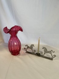 Cranberry Glass Vase, Tin Candle