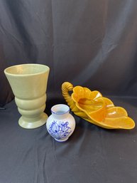 3 Ceramic Pieces Haeger, Cornacopia, Blue & White