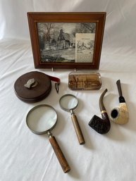 Frame, Pipes, Paperweight, Tape Measure, Magnifying. Glasses  (k)