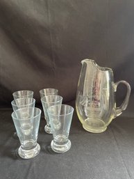Etched Glass Pitcher, 6 Drinking Glasses