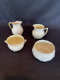 Belleek Creamer & Sugar Bowls Brown & Green Label (mb)