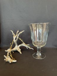 Hurricane Glass Vase, Silvertone Branch Candelabra (mb)