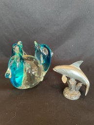 Glass Dolphin Art, Solid Silvertone Dolphin Statue  (mb)