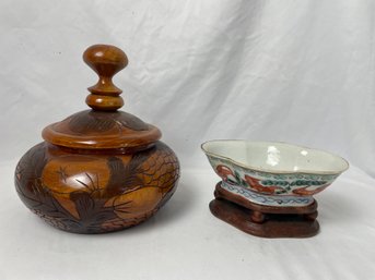 Carved Wooden Jar, Asian Bowl