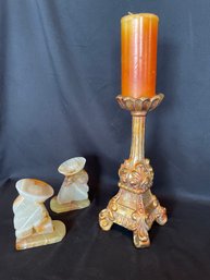 Marble Bookends, Gold Candlestick   (Mb)