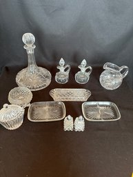 Crystal Decantor, Butter Dishes, S&p Shakers, Sugar Bowl, Oil And Vinegar Decantors Small Dish App Dishes.  (B