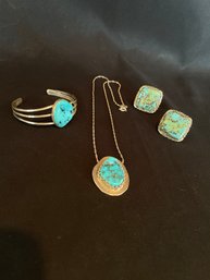 Turquoise/Sterling Necklace, Bracelet, Clip On Earrings