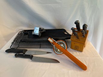 Tramontina Knives, Baking Racks, Calphalon Cast Iron Griddle, Chefn Juice Squeezer, Mouli Cheese Grater  (DR)