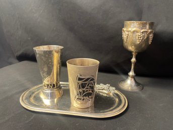 Sterling Silver  Kiddush Cup & Silver Plated Goblet & Tray  (DR)