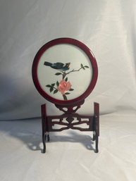 Silk Needlepoint Panel Wood Stand, Bird And Rose (L)