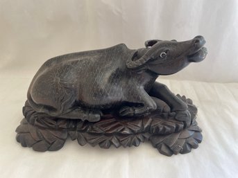 Carved Wooden Bull On Carved Stand     (L)