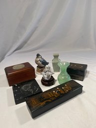 Trinket Set, Birds, Oriental Trinket Boxes, One Tiny Glass Bird With A Stand, Vintage, (2) Small Vases (L)