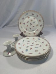 Dresden Germany Set Of (5) Plates, 2 Candlesticks, Porcelain, Vintage