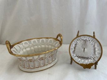 Ceramic Bowl Italy, Cut Glass Trinket Dish, Brass Stand (lc)