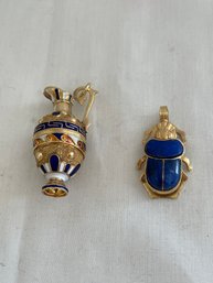 Lapis & 18k Gold Scarab VI Pendant And 14k &  Enameled Pitcher Pendant