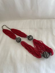 Tibetan Coral-like Multi-strand Beads & Silver Tone Necklace      (Lc)