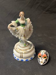 Dancer Figurine, Possibly Dresden, And Small Masquerad Mask Pin (LD)