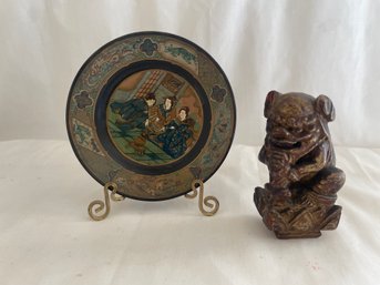 Hand Painted Japanese Plate & Carved Wood Foo Dog Statue   (Lc)