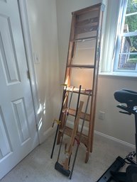 Wood Ladder, (4) Clamps, And A Axe.