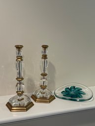 (2) Decorative Crafts Inc. Brass And Glass Candle Holders And A Decorative Glass Bowl With Flower