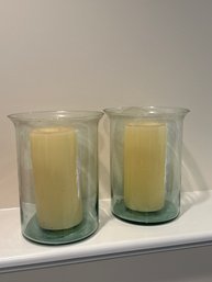 (2) Glass Pilars Holders With Candles