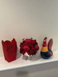 Rooster Coin Bank, (5)pier 1 Red Boxes, And A Apples And Berries Arrangment