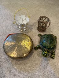 Vintage Brass Gong, Metal Flower Basket, Land And Sea Turtle, And A Basket Candle Holder