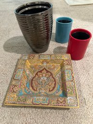 Decorative Dish, (2) Small Flower Pots And A Silver Vase