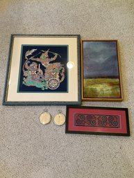 3 Framed Pictures And 2 Small Hanging Frames