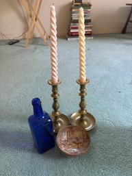 Brass? Metal Candlesticks With Candles, Small Asian Bow, Blue Bottle (3F)