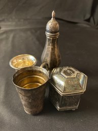 Sterling Silver Measuring Cup, Sterling Silver Trinket Dish,, Sterling Shot Glass And Weighted Silver Salt