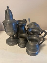 Metal Sugar Dish, Salt Shaker, 4 Mugs Of Various Sizes