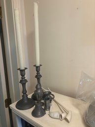 Metal Candlesticks, Various Metal Mugs, Metal Salt Shaker, 3 White Pipes