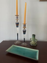 2 Vintage Egyptian Candle Holders, A Ceramic Candle Holder, And A Ceramic Tray