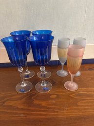 Blue Crystal Design Wine Glasses (4), Blue Frosted Glass Champagne Flute (2), Pink Frosted Glass, Champagne