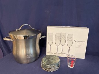 Calphalon Ice Bucket, Pasabahce Flutes, Seagull Canada Coasters, Shot Glass   (K)