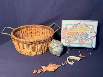 MacKenzie Childs Victoria & Richard Hot Plate, Basket, Mystic Seaport & Fish Ornament  (OSR)